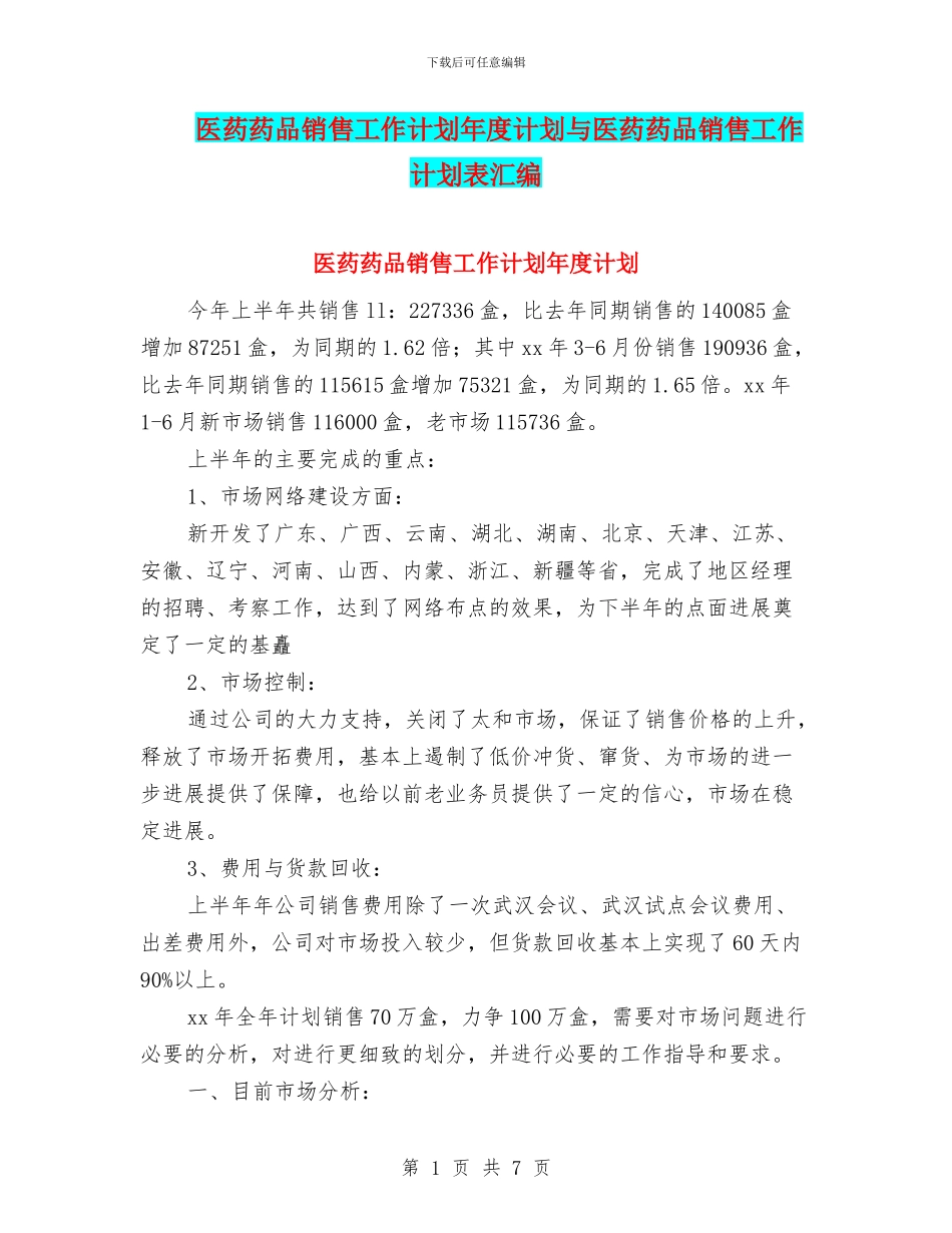 医药药品销售工作计划年度计划与医药药品销售工作计划表汇编_第1页