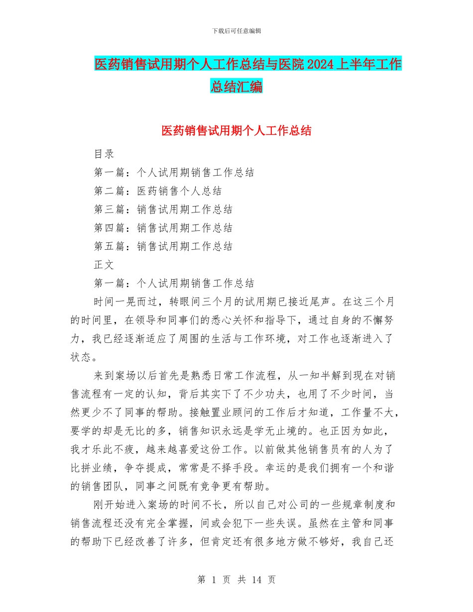 医药销售试用期个人工作总结与医院2024上半年工作总结汇编_第1页