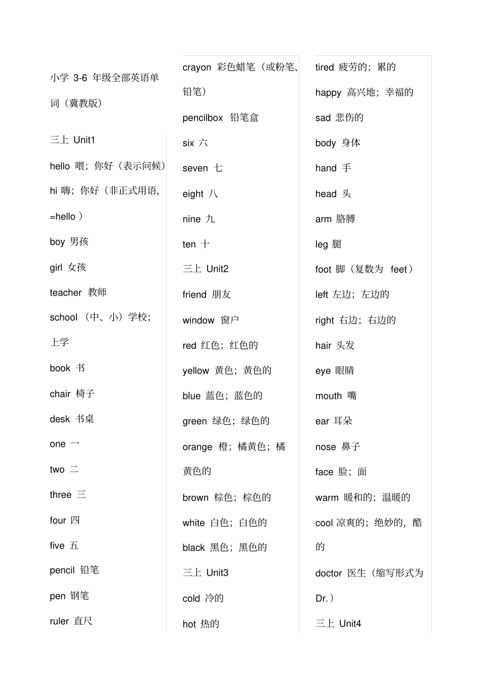 冀教版小学级全部英语单词复习_第1页