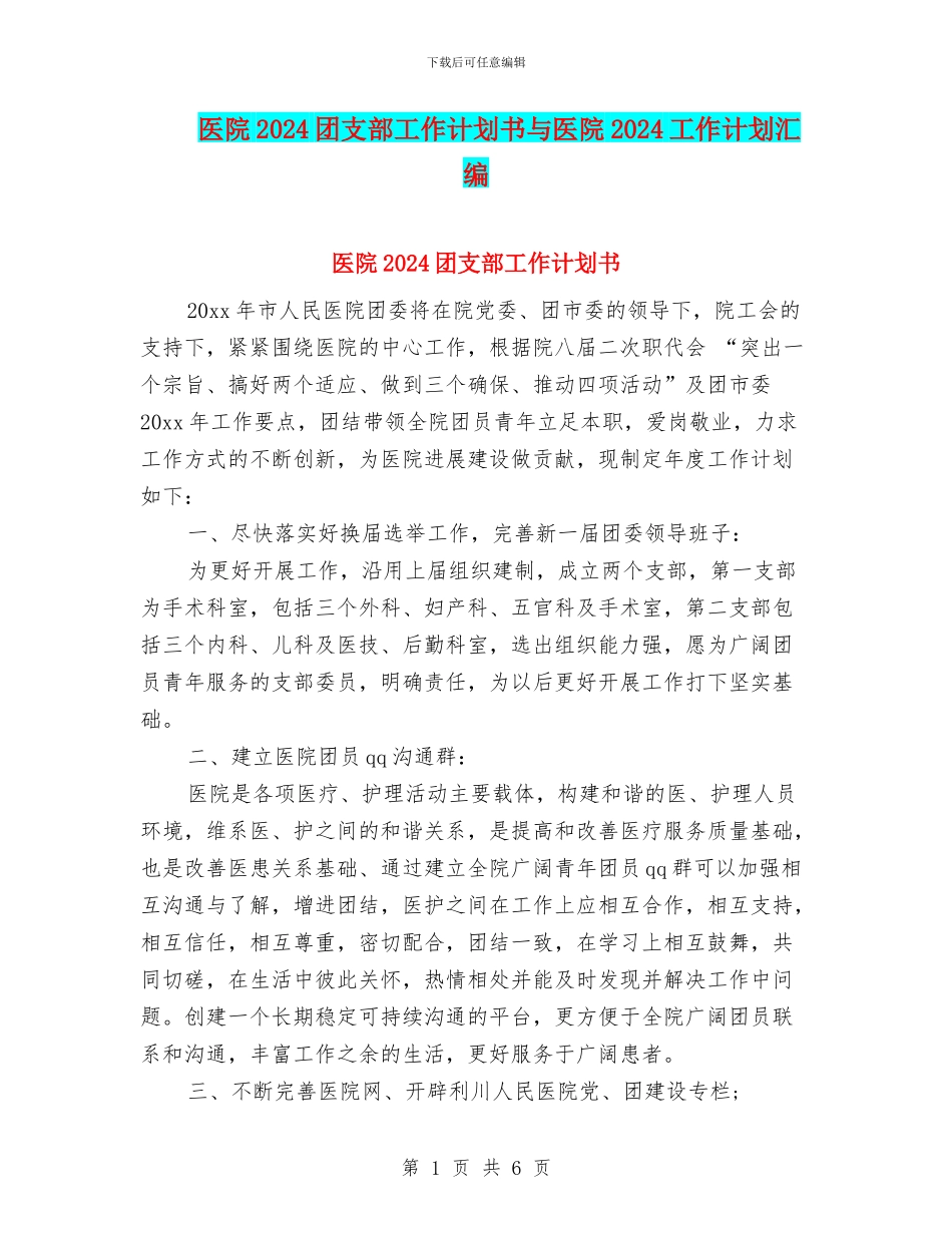 医院2024团支部工作计划书与医院2024工作计划汇编_第1页