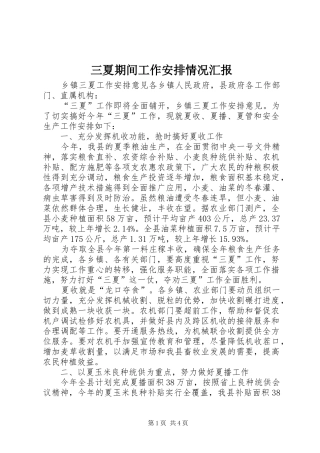 三夏期间工作安排情况汇报 