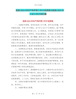 医院2024年妇产科护理工作计划表格与医院2024年工会工作计划汇编