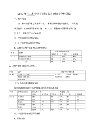 内二科2017年中医护理方案实施情况分析总结