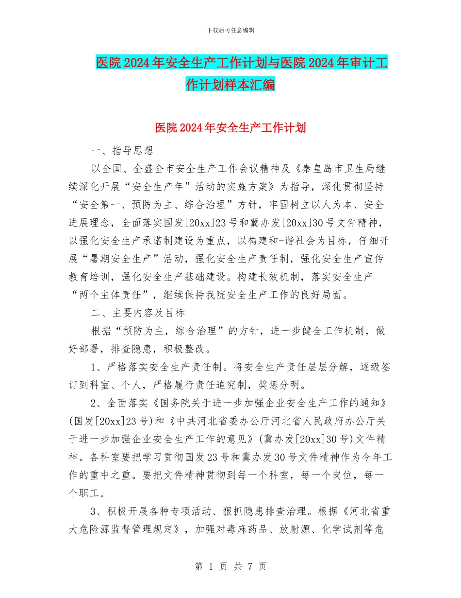 医院2024年安全生产工作计划与医院2024年审计工作计划样本汇编_第1页