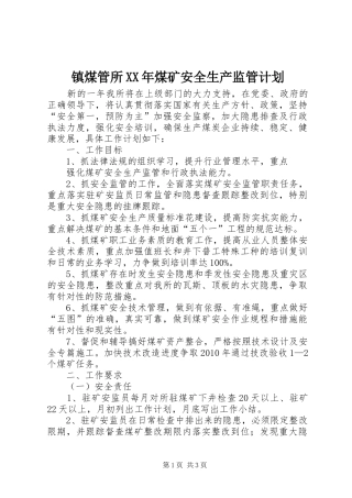 镇煤管所XX年煤矿安全生产监管计划 