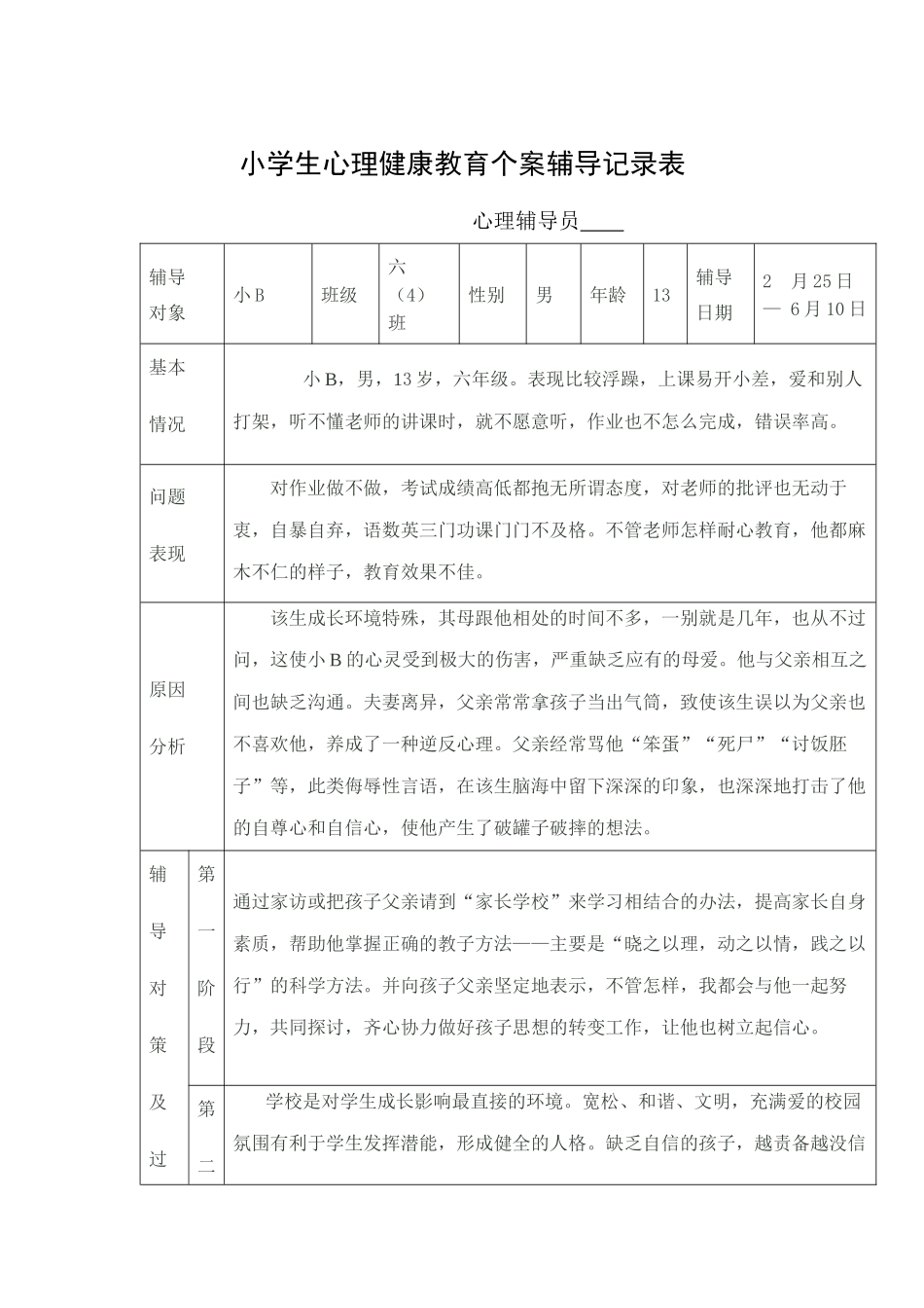 小学生心理健康教育个案辅导记录表_第1页