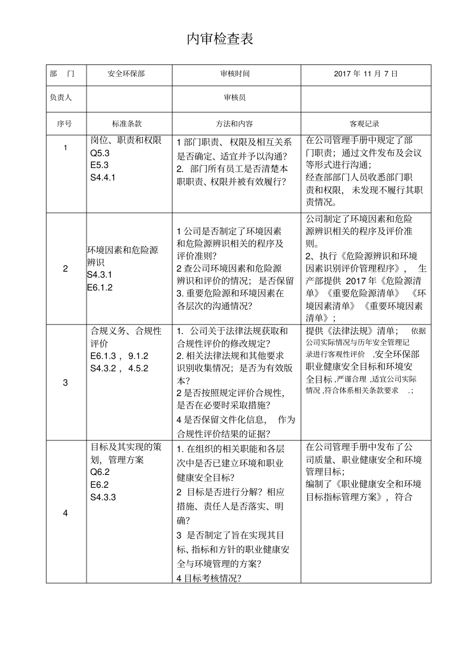 内审检查表2017安全环保部_第1页
