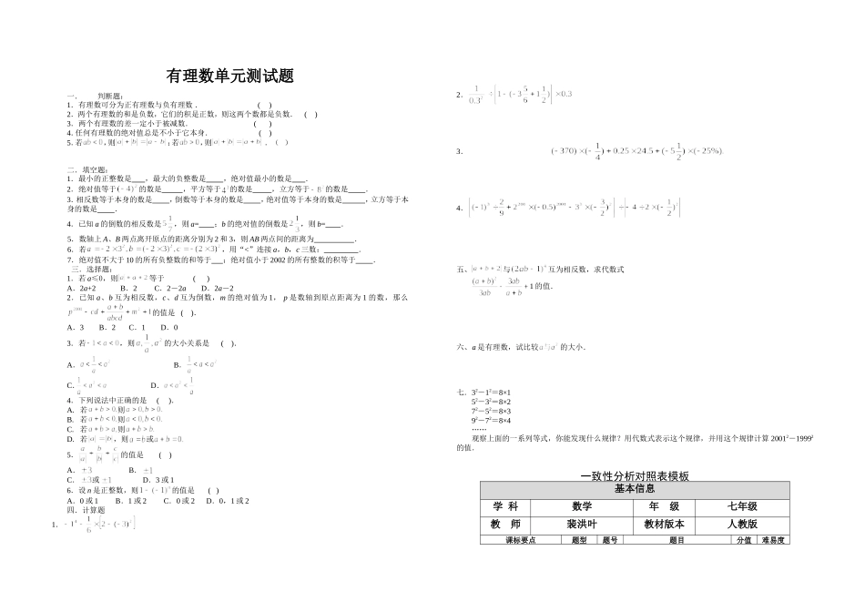 有理数单元数学测试题及一致性分析_第1页