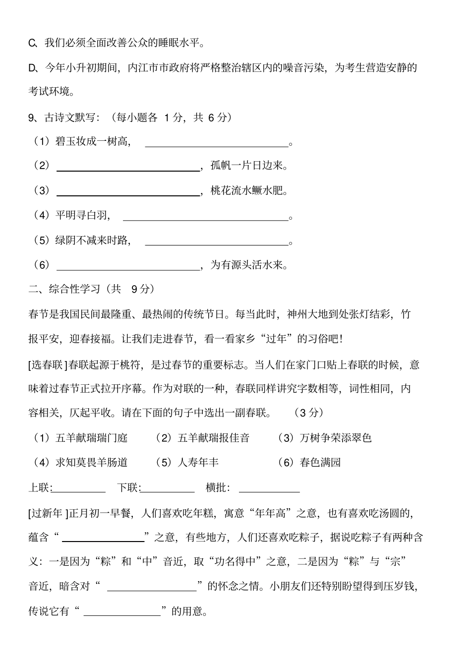 内江六中2019年小升初分班考试题语文_第3页