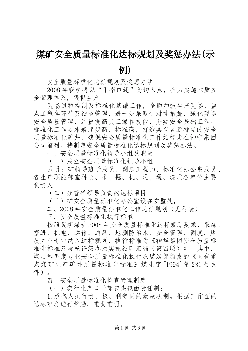 煤矿安全质量标准化达标规划及奖惩办法(示例) _第1页