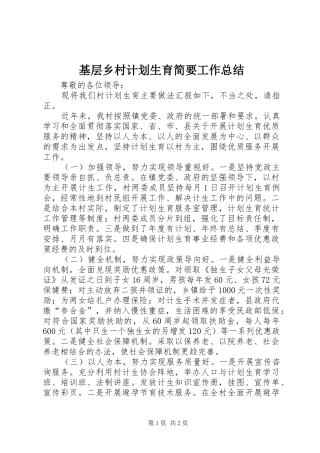 基层乡村计划生育简要工作总结 