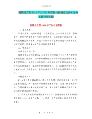 医院党支部2024年工作计划范例与医院党支部9月份工作计划汇编