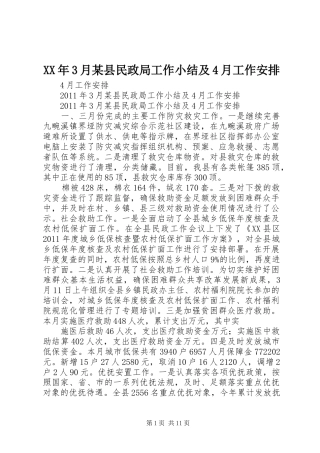 XX年3月某县民政局工作小结及4月工作安排