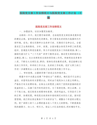 医院党支部工作安排范文与医院党支部工作计划