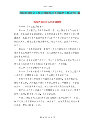 医院内部审计工作计划表格与医院出纳工作计划汇编