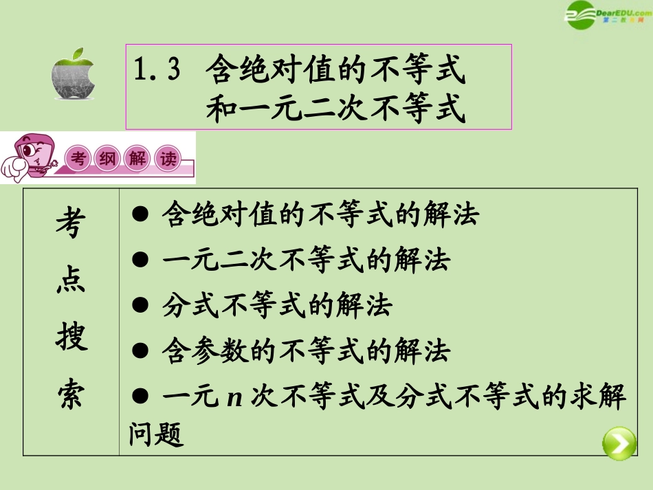 高三数学第一轮总复习 1.3 含绝对值的不等式和一元二次不等式课件(1) 课件_第2页
