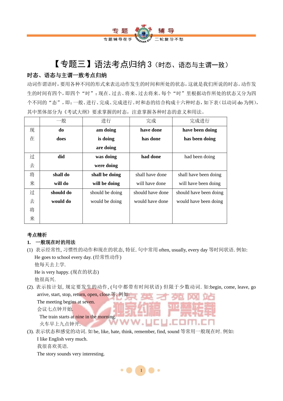 【专题三】语法考点归纳3（时态、语态与主谓一致）_第1页