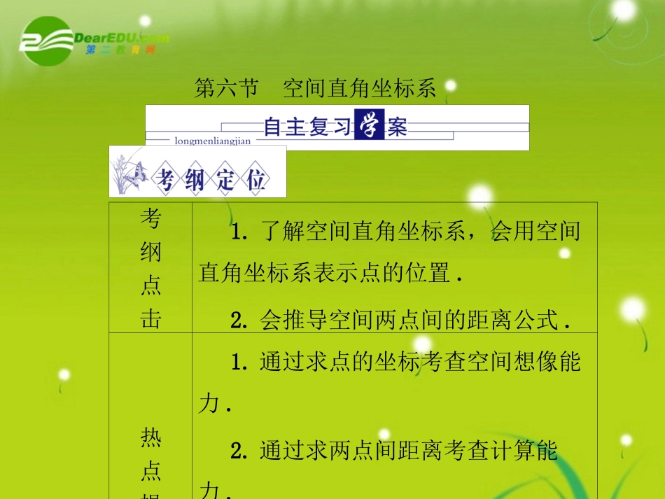 龙门高三数学 第五篇 第六节 空间直角坐标系自主复习课件(文) 北师大版 课件_第1页