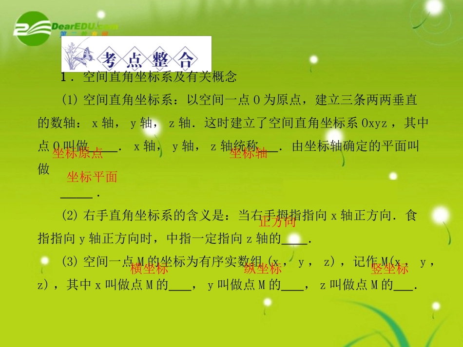 龙门高三数学 第五篇 第六节 空间直角坐标系自主复习课件(文) 北师大版 课件_第2页