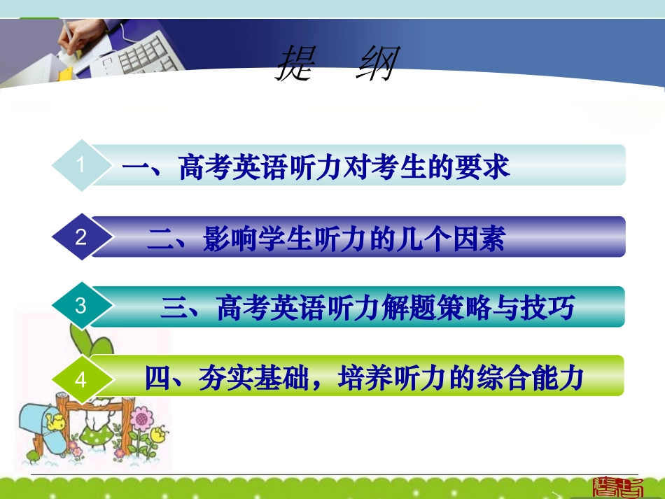 福建省第二届新课程高三英语毕业班教学工作会议 高考听力解题策略与技巧课件 新人教版 课件_第2页