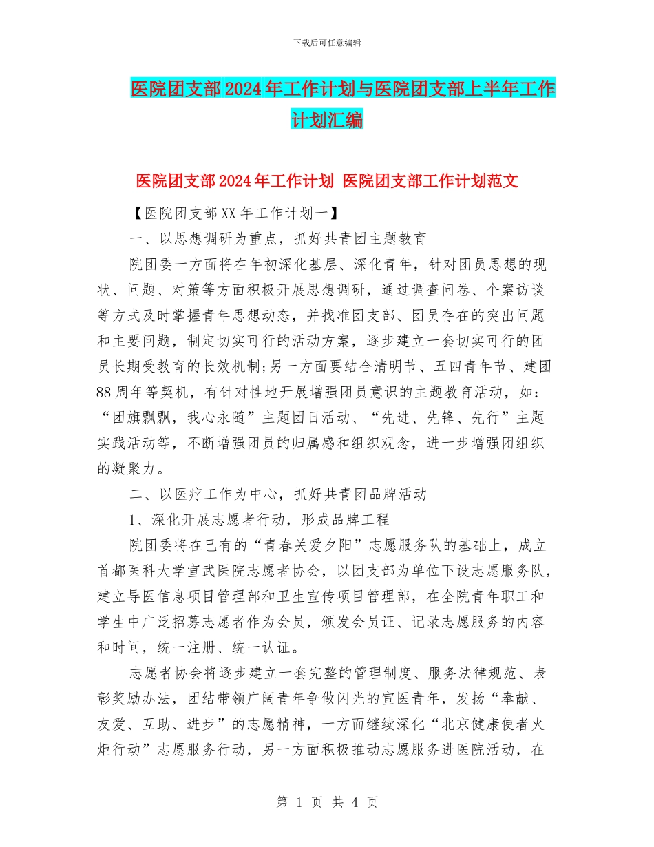 医院团支部2024年工作计划与医院团支部上半年工作计划汇编_第1页
