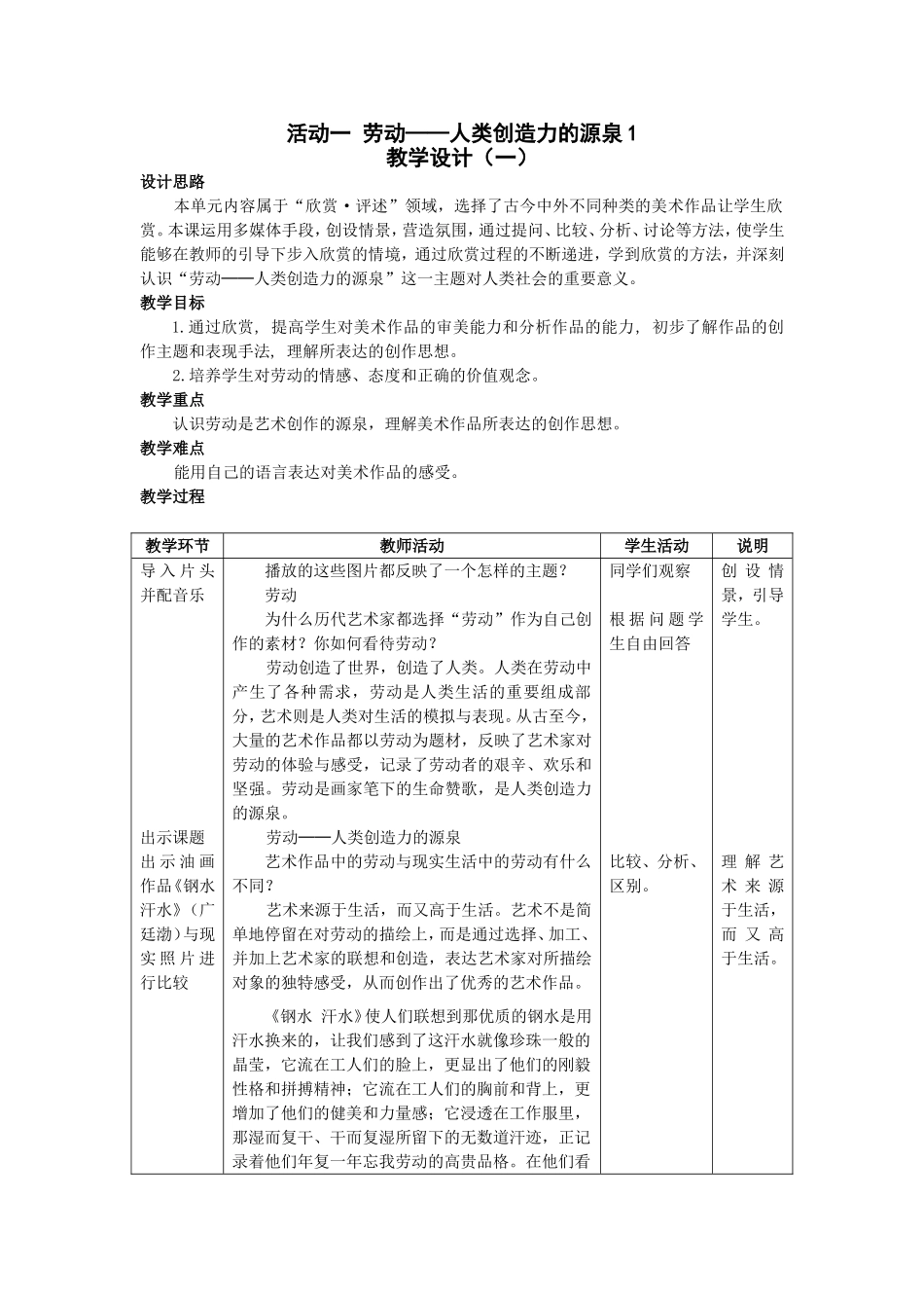 活动一　劳动──人类创造力的源泉1教学设计_第1页