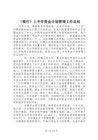 （银行）上半年资金计划管理工作总结 