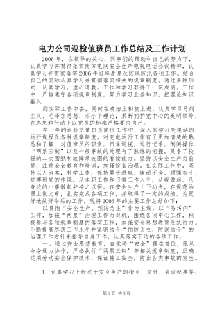 电力公司巡检值班员工作总结及工作计划 