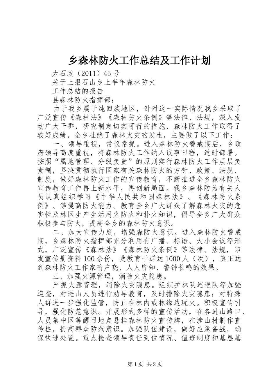 乡森林防火工作总结及工作计划 _第1页