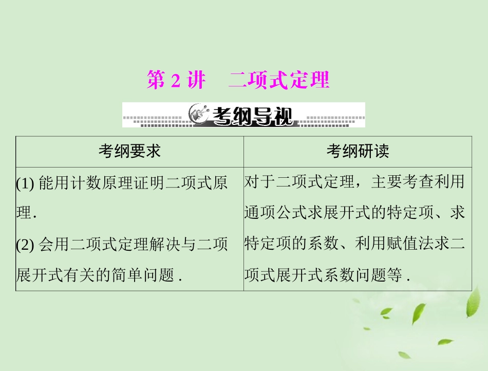 高考数学一轮复习 第十四章 第2讲 项式定理课件 理 课件_第1页