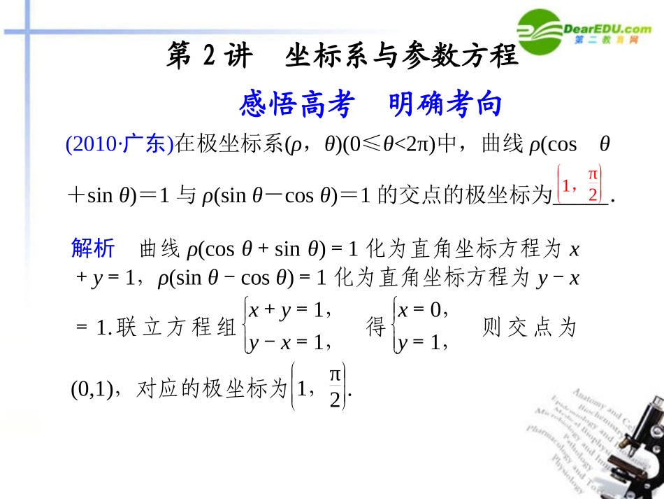 高考数学二轮复习 专题七 选修系列4第2讲 坐标系与参数方程配套课件_第1页