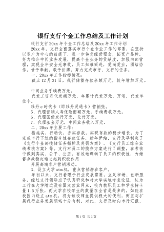 银行支行个金工作总结及工作计划 