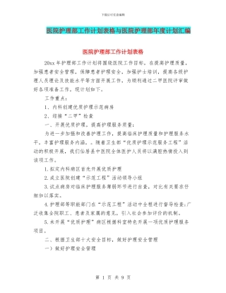 医院护理部工作计划表格与医院护理部年度计划汇编