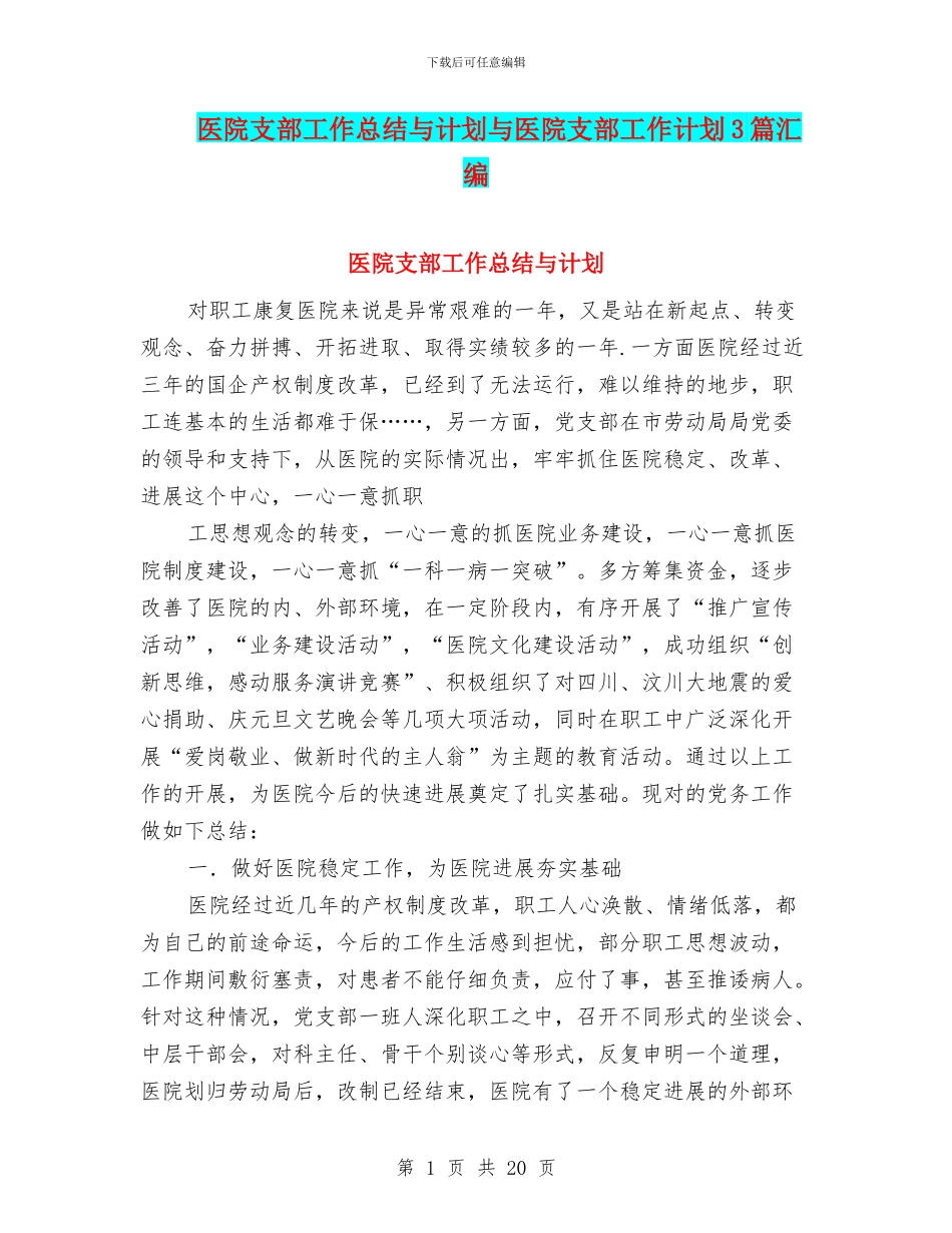 医院支部工作总结与计划与医院支部工作计划3篇汇编_第1页