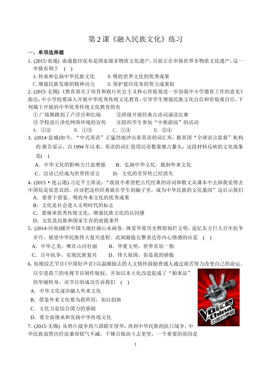 苏教版政治九年级第2课《融入民族文化》练习_第1页