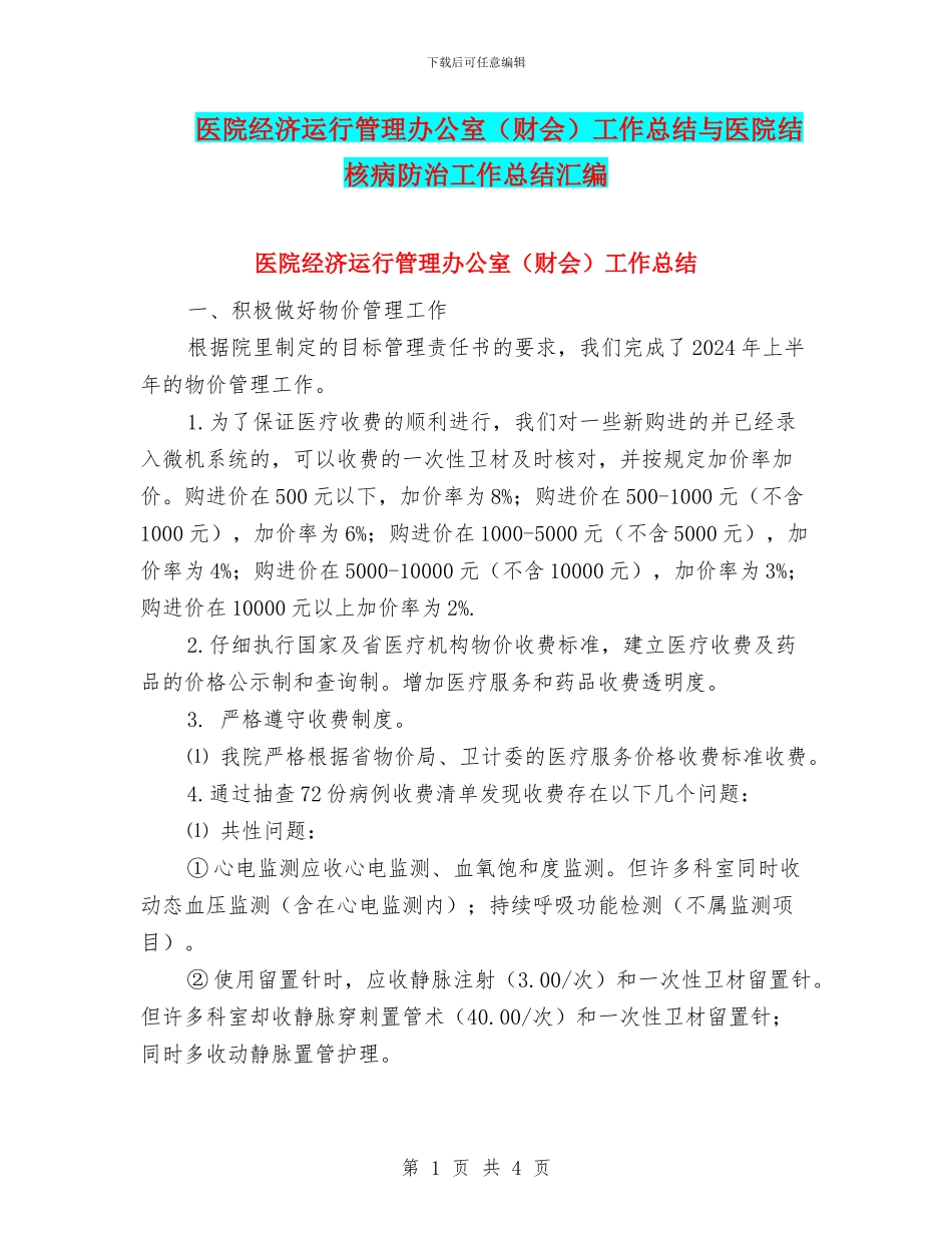 医院经济运行管理办公室工作总结与医院结核病防治工作总结汇编_第1页