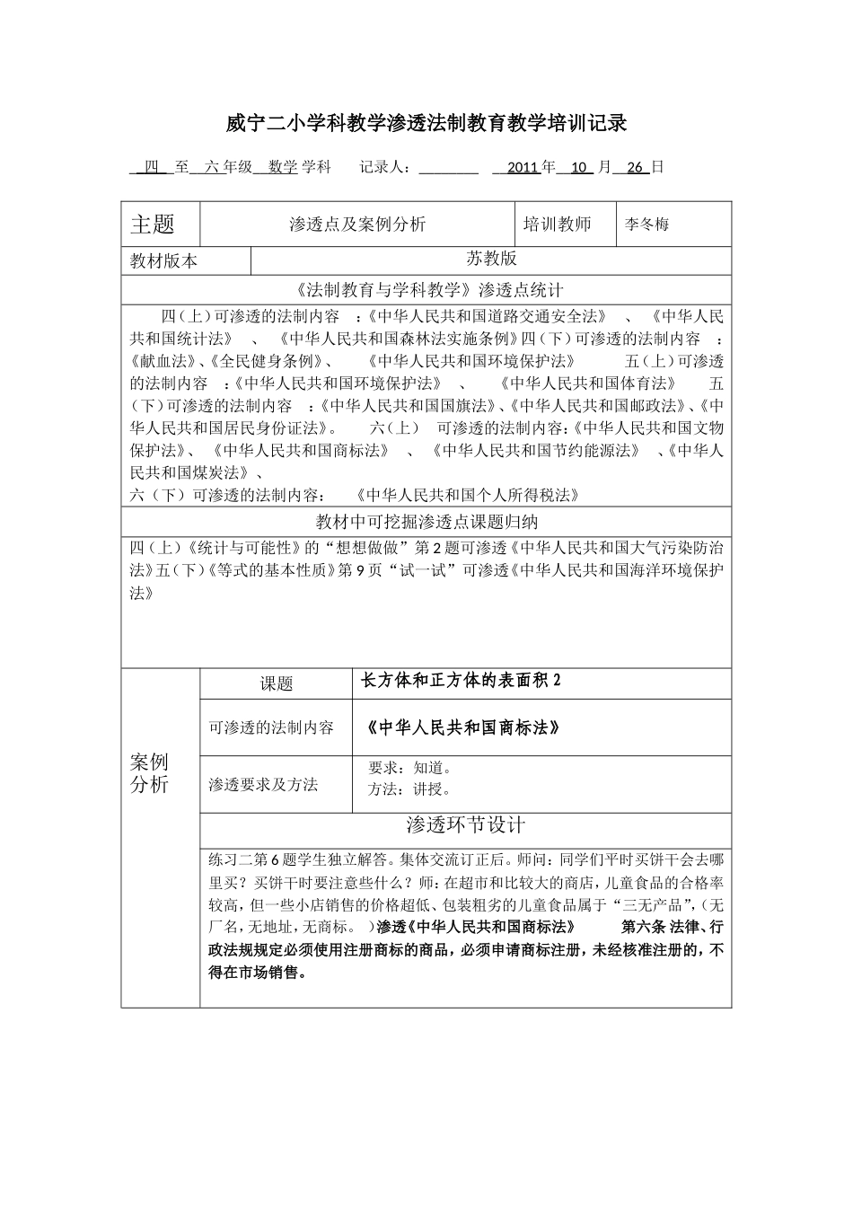 威宁二小学科教学渗透法制教育教学培训记录_第1页