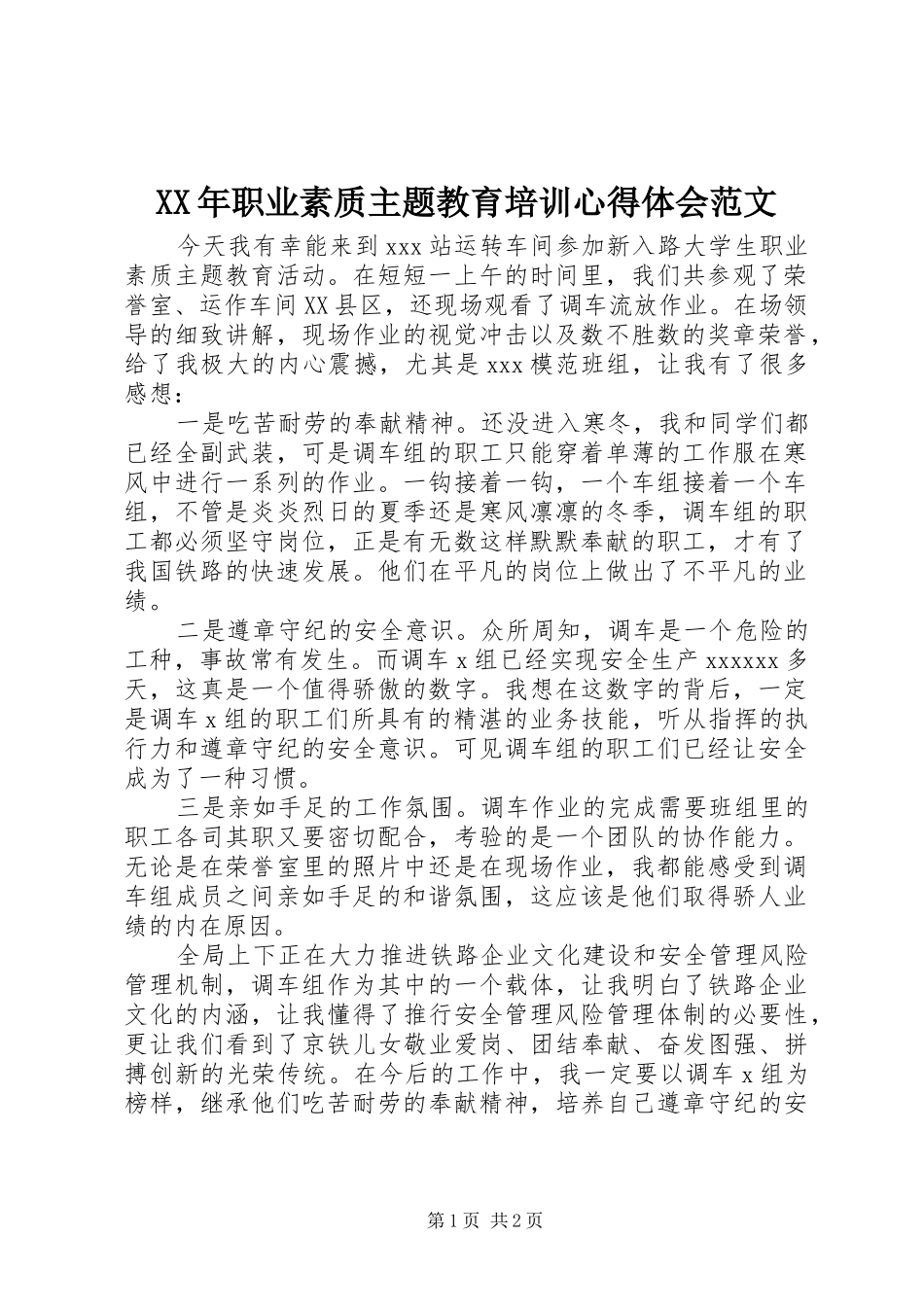 XX年职业素质主题教育培训心得体会范文_第1页