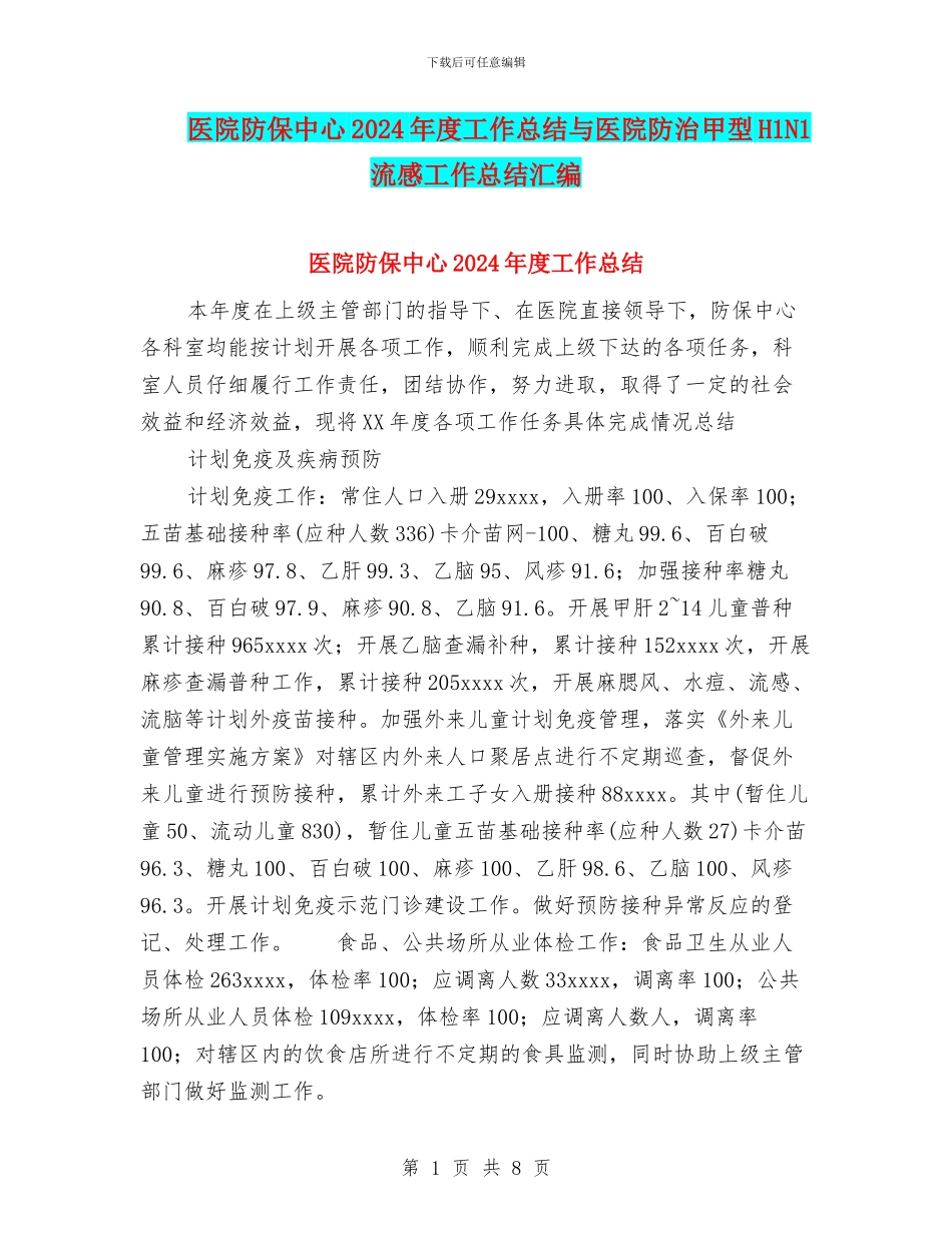 医院防保中心2024年度工作总结与医院防治甲型H1N1流感工作总结汇编_第1页