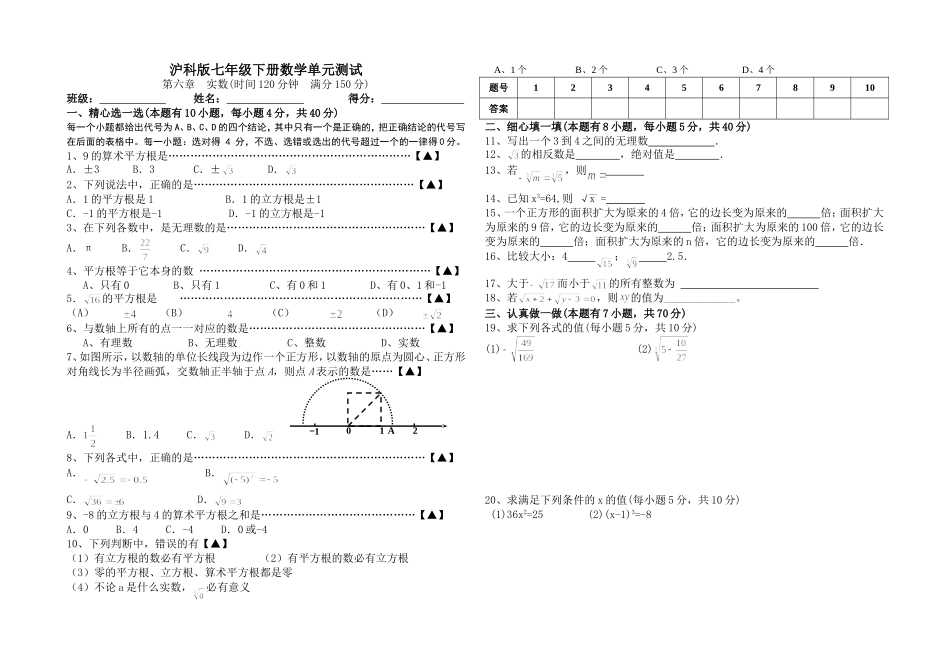 沪科版七年级下册数学单元测试——实数_第1页