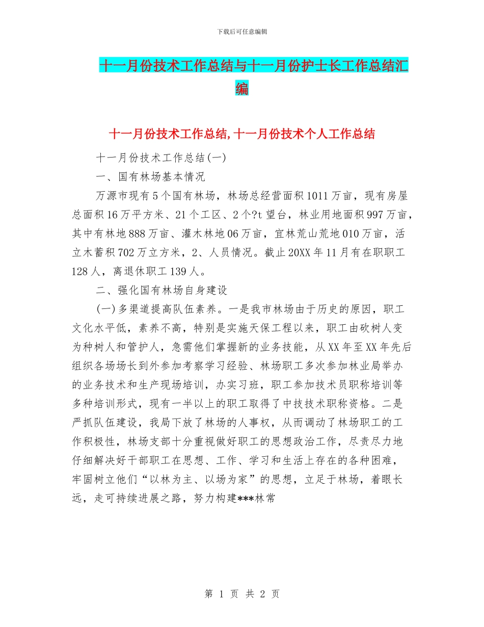 十一月份技术工作总结与十一月份护士长工作总结汇编_第1页