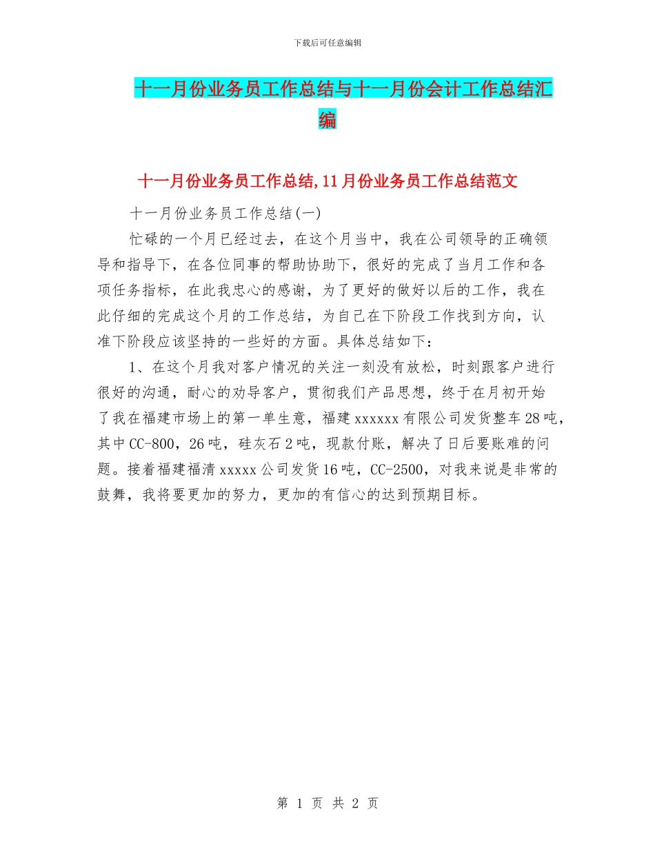 十一月份业务员工作总结与十一月份会计工作总结汇编_第1页