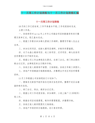 十一月周工作计划表格与十一月工作计划表格汇编