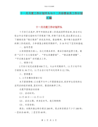 十一月月度工作计划开头与十二月份营业员工作计划汇编