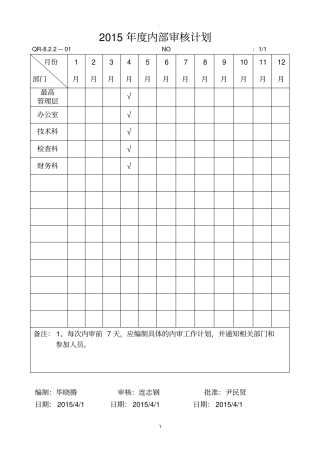 内部审核计划表