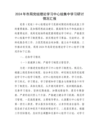 2024年市局党组理论学习中心组集中学习研讨情况汇报