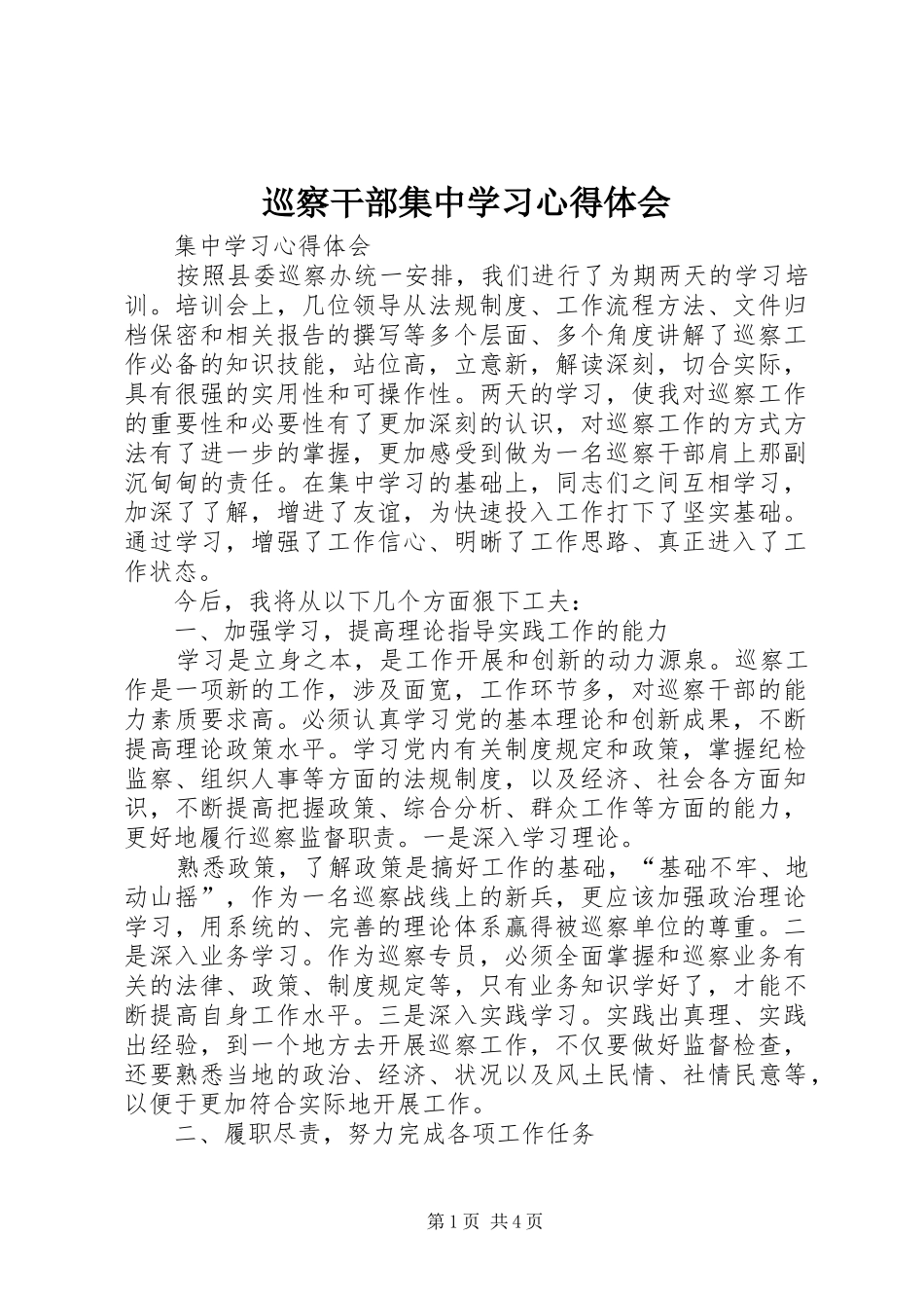 巡察干部集中学习心得体会_第1页