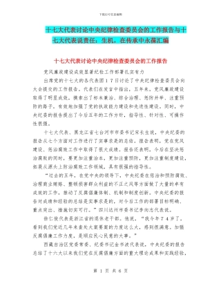十七大代表讨论中央纪律检查委员会的工作报告与十七大代表说责任：生机