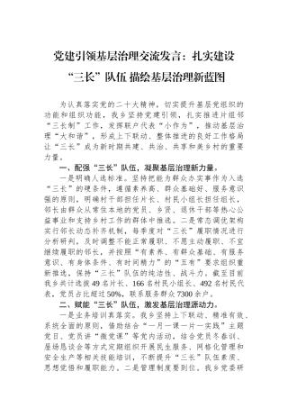 党建引领基层治理交流发言：扎实建设“三长”队伍 描绘基层治理新蓝图