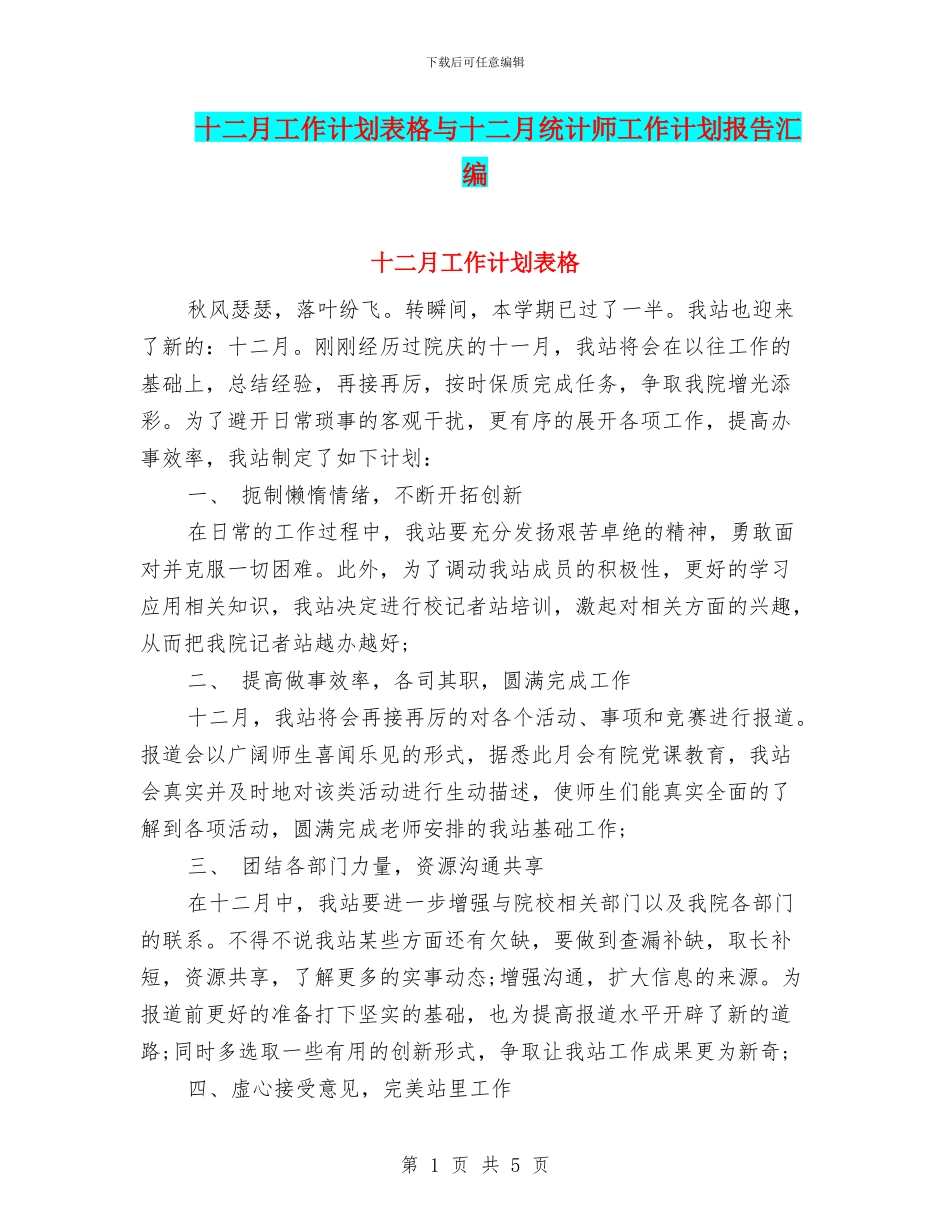 十二月工作计划表格与十二月统计师工作计划报告汇编_第1页